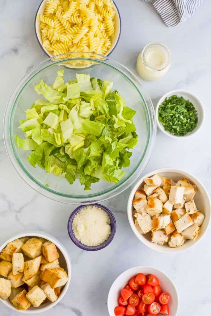 Ingredients of Chicken Caesar Pasta Salad