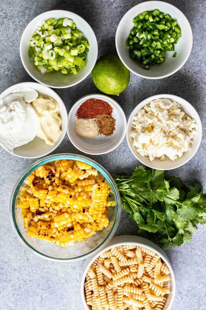 Ingredients of Mexican Street Corn Pasta Salad